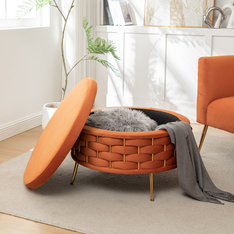 Cristen Upholstered Round Storage Ottoman, Orange