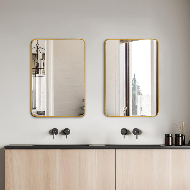 24 po x 32 po, miroir de salle de bain rectangulaire en métal doré, verre HD de 4 mm, - cadre en aluminium rouille, installation facile avec vis, film incassable non fabriqué, panneau de densité