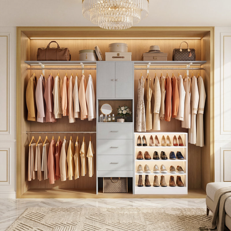 120" W Closet System With Shoe Storage Cabinet, Closet Organizer With Doors And Wooden Drawers, Gray/White