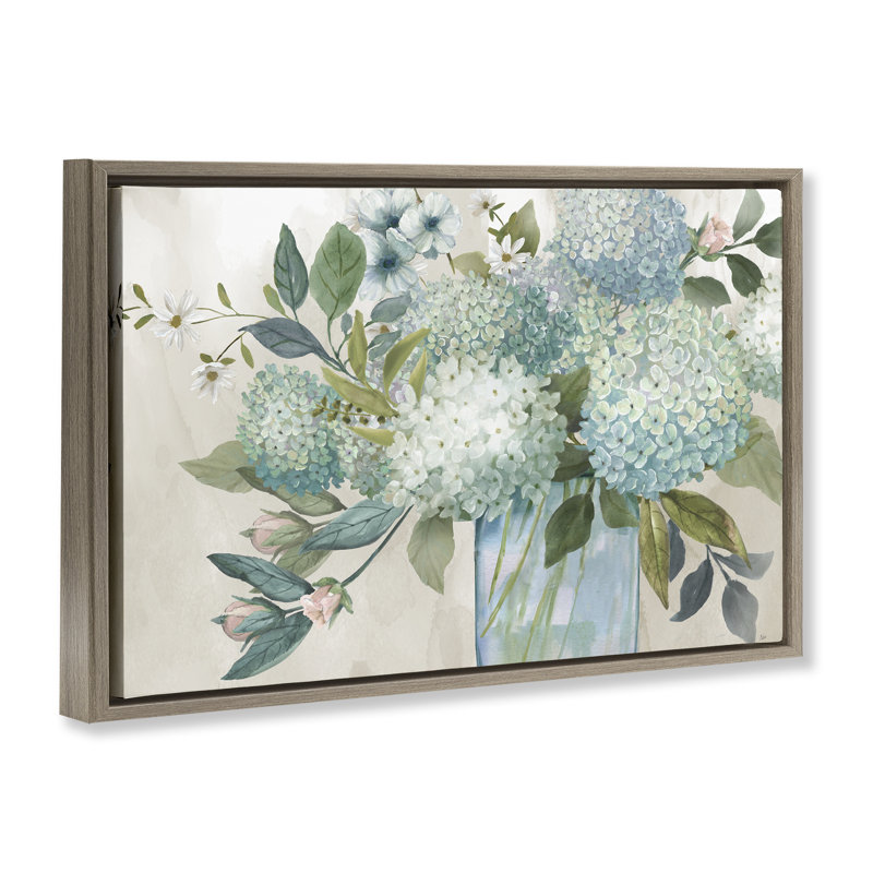 Délicat bouquet d'hortensias, H 21 po x l 31 po, Cadre flottant orme Montalcino