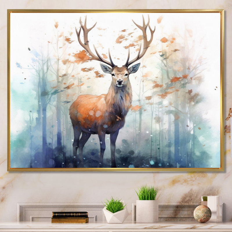 Woodland Wanderers - Deer, art mural, Cadre flottant doré, 34" H x 44" W