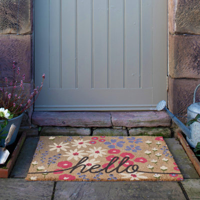 Hello Scribbly Floral Coir Doormat
