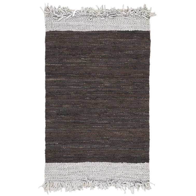 Exley Hand Woven Leather/Cotton Solid Color Rug in Grey/Dark Brown