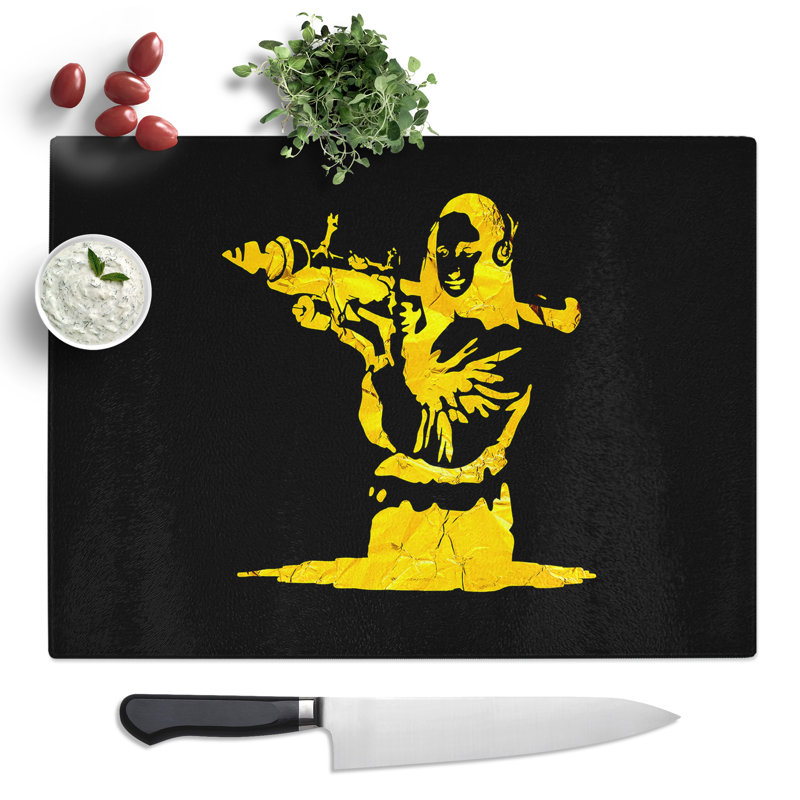 Banksy In Gold Mona Lisa Bazooka Graffiti  Glass Chopping Board