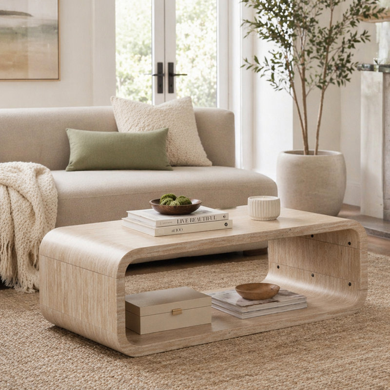 Modern Open-Frame Elegant Curved Light Wood Coffee Table With Open Storage
