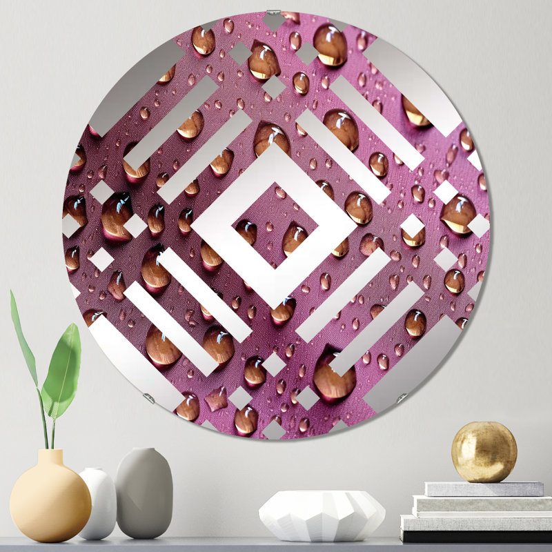 Rose rose avec gouttes de pluie - Miroir décoratif diamant, 23,6 po x 23,6 po
