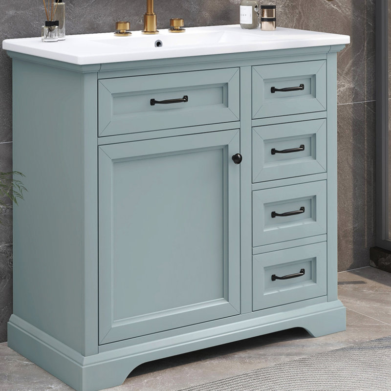 Meuble-lavabo de salle de bain avec lavabo en céramique et 2 tiroirs rabattables, Gris