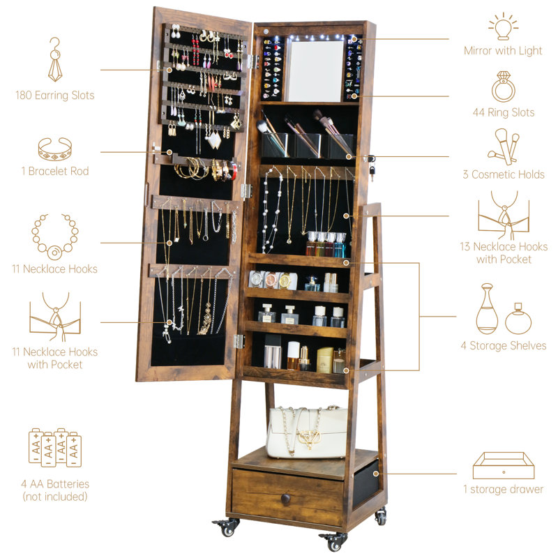 Armoire à bijoux avec miroir sur pied, miroir pleine grandeur avec rangement pour bijoux avec écran tactile et miroir de meuble-lavabo