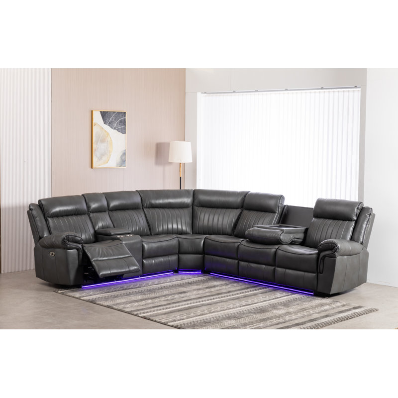Arvard Faux Leather Power Reclining L-Shaped Sectional Left Hand Facing, Gray Faux Leather
