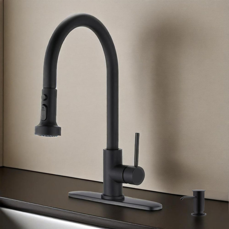 Stainless Steel Pull Down Kitchen Faucet With Soap Dispenser, Matte Black