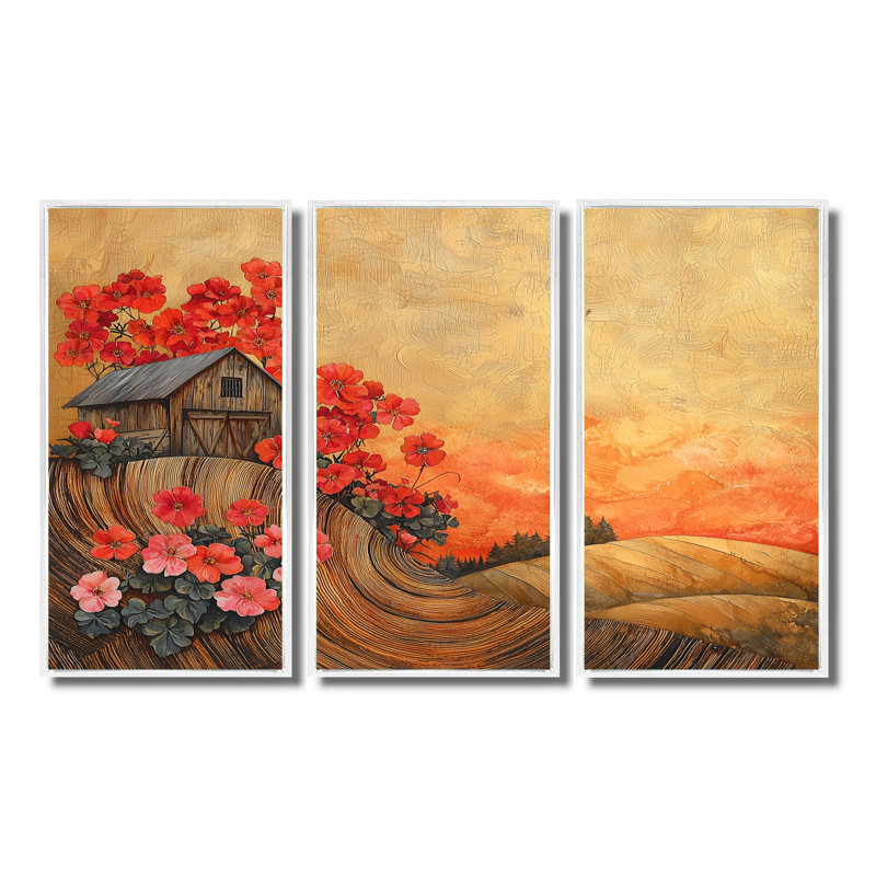 «Geraniums Flowers At Barn Landscape I» - art mural géraniums - ensemble de 3, H 28 po x l 36 po, Blanc