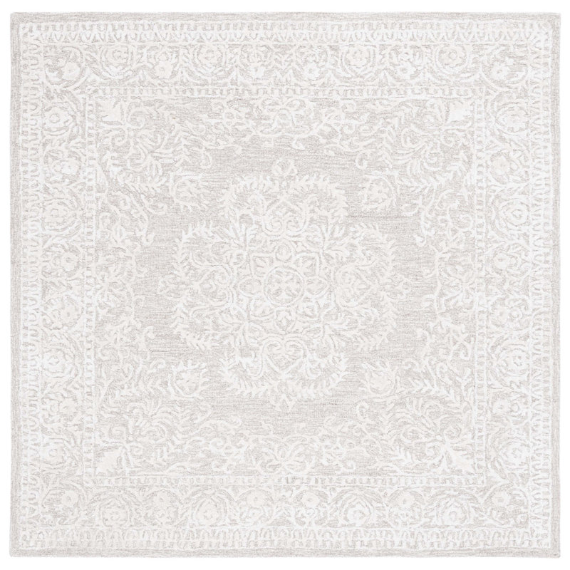 Tapis beige / ivoire en coton / laine / coton touffeté à la main avec envers en coton Precious, Carré 6 pi