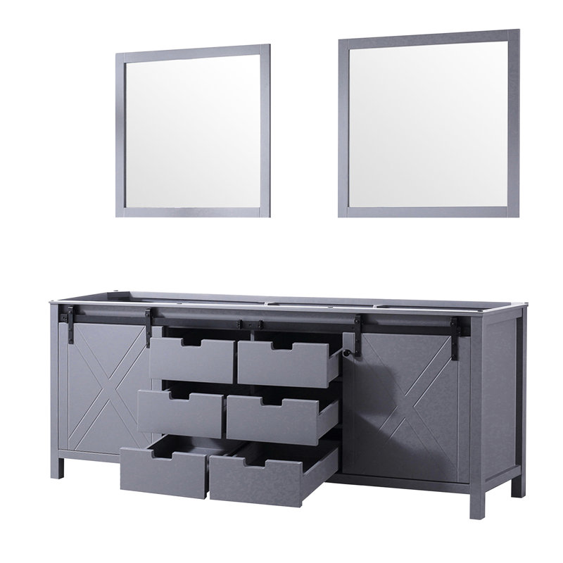 84 po L x P 22 po. Meuble-lavabo double gris foncé et 34 miroirs - deux armoires intérieures, six tiroirs et une tablette ouverte pour une organisation efficace, entièrement assemblés avec une unité de salle de bain attrayante