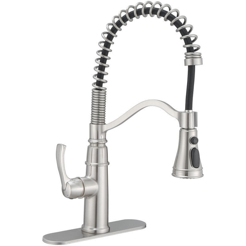 Single-Handle Pull-Down Sprayer 3-Spray High Arc Pull Down Sprayer Kitchen Faucet With Deck Plate, Brushed Nickel