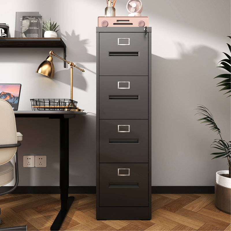 Classeur vertical à 4 tiroirs avec serrure verticale en métal pour bureau à domicile, Noir