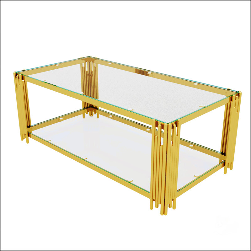 Table basse moderne à miroir noir avec structure asymétrique en métal et tablette inférieure pour rangement élégant, 47,5 po