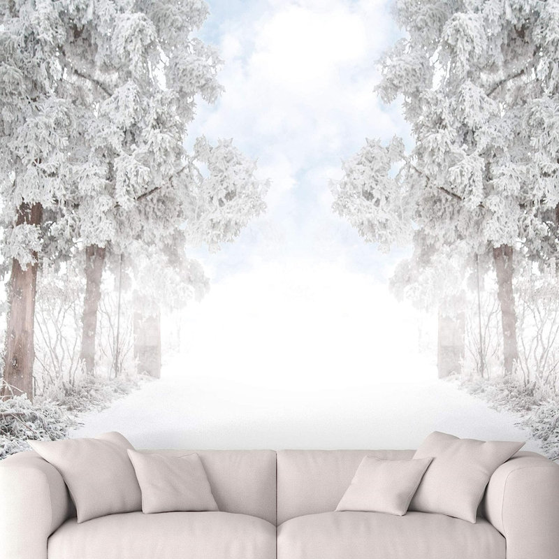 Adhésif mural chemin d'hiver à travers les arbres de la forêt, L 100 po x l 144 po
