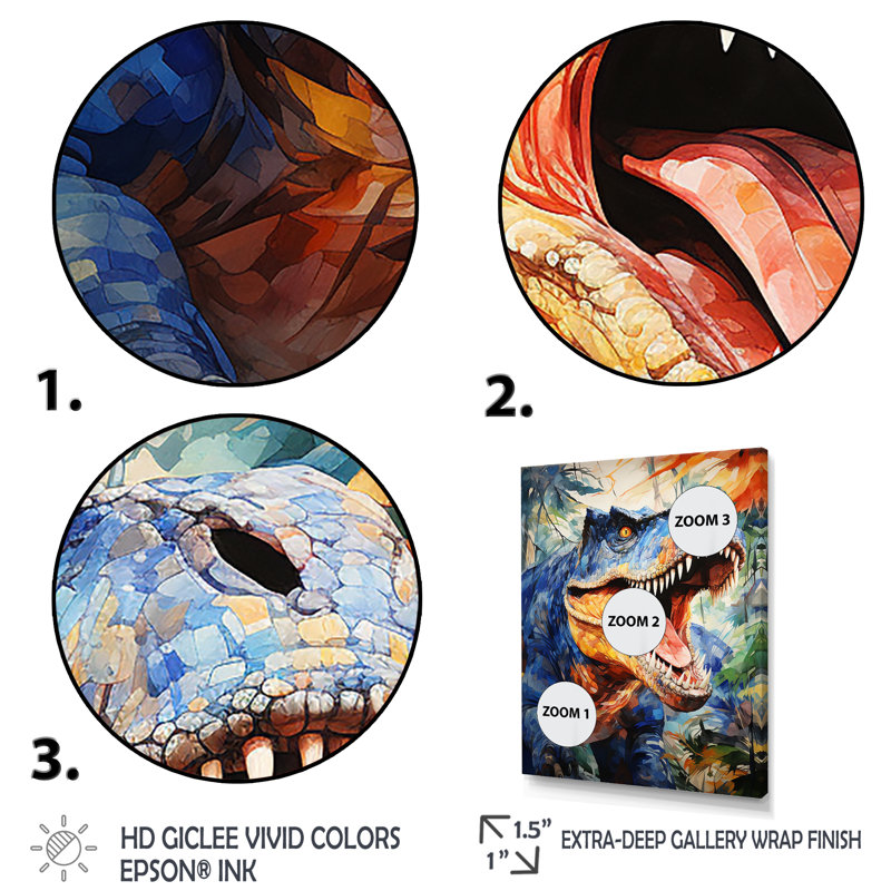 «Colorful Roaring Trex Dinosaur II», art mural dinosaure, Toile tendue, H 44 po x l 34 po x P 1,5 po