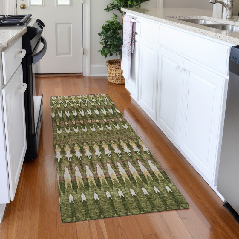 Premium Machine Washable Prisco Olive Rug, Runner 2'3" x 7'6"