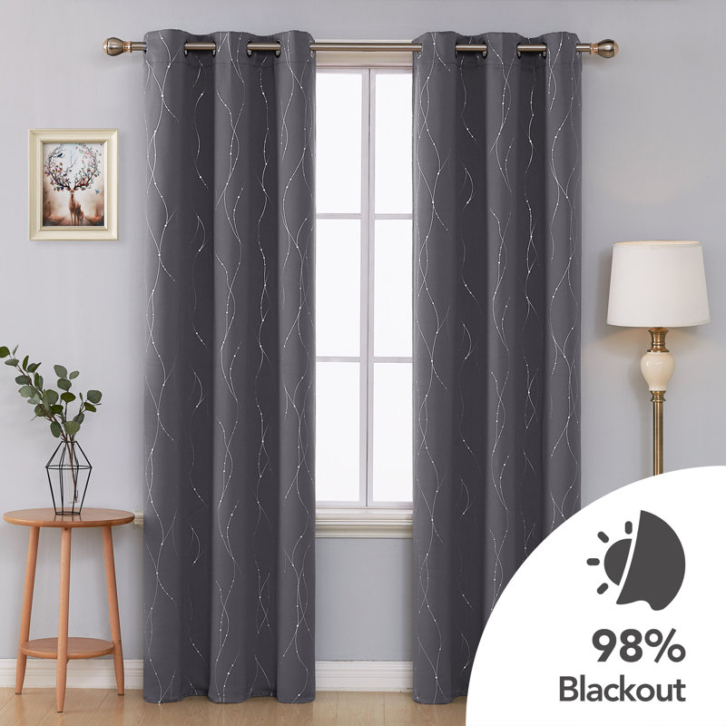 Gray Polyester Blackout Grommet Curtains with Silver Pattern
