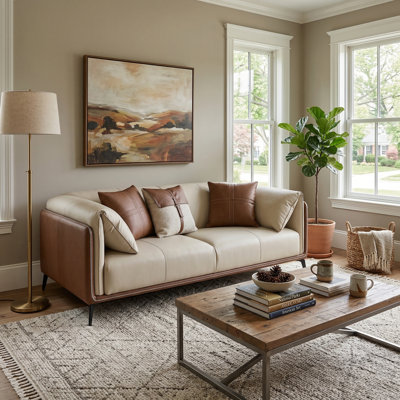 71" Modern Two-Tone Faux Leather Sofa Collection with Flared Arms and Toss Pillows