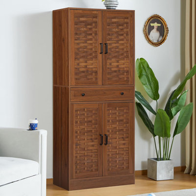 72" Kitchen Pantry Storage Cabinet With 4 Woven Doors, Drawer And 4 Adjustable Shelves, Freestanding Cupboard Storage Cabinet For Living Room Kitchen