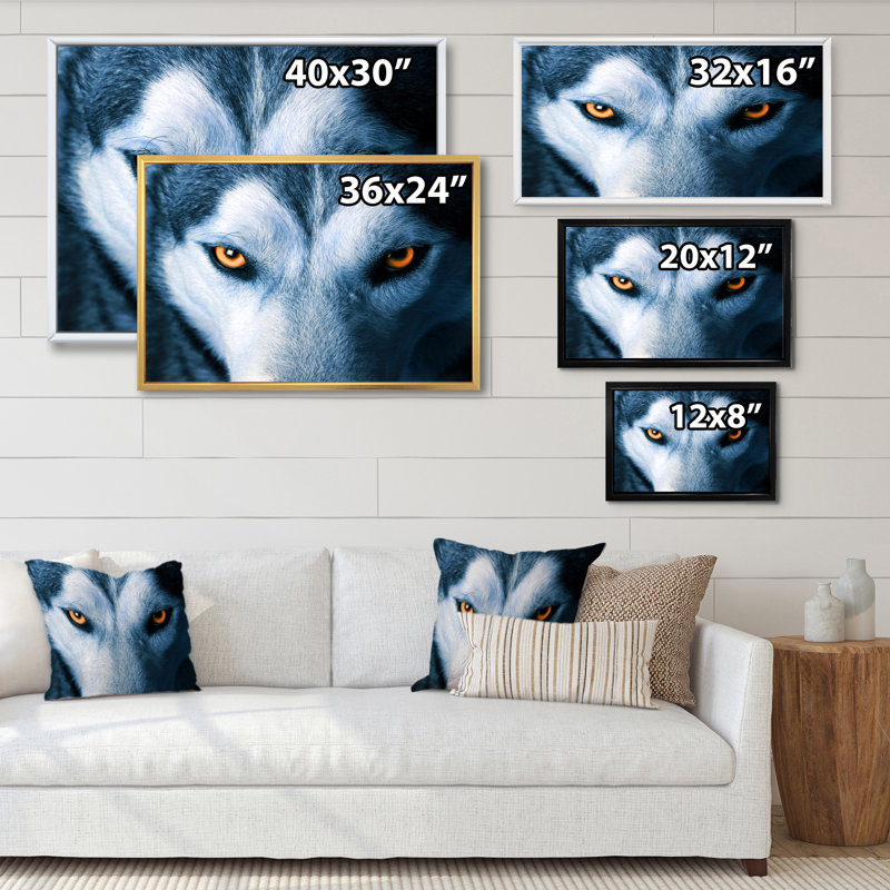 «Eyes Of Wolf», reproduction sur toile flottante, H 30 po x l 40 po x P 1,5 po, Cadre flottant blanc