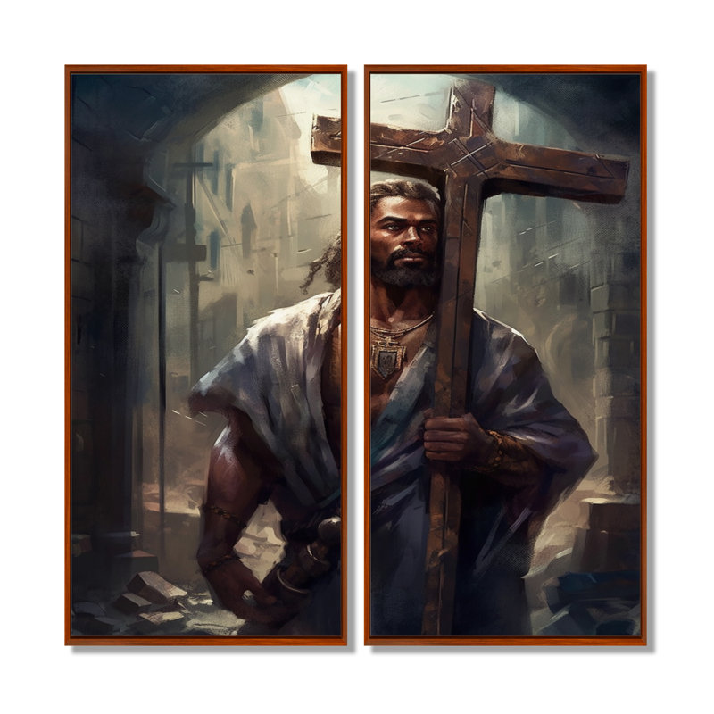 «Black Jesus with Cross», ensemble de 2 décorations murales spirituelles encadrées, Brun, H 36 po x l 48 po, Cadre flottant