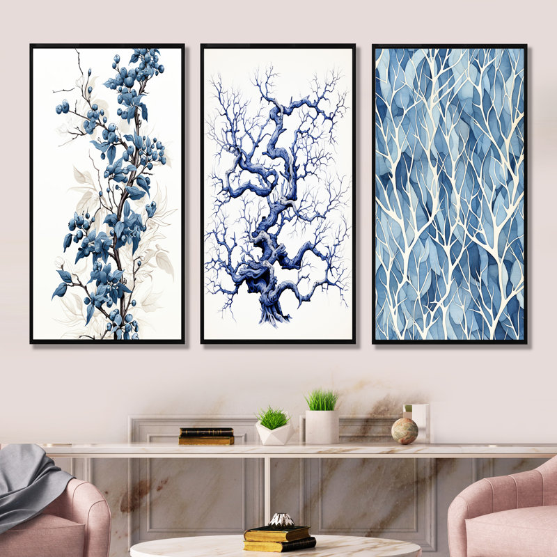 «Blue Tree Beauty I», ensemble d'art mural sur toile 3 arbres, H 28 po x l 36 po, Cadre flottant noir