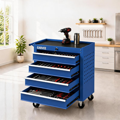 25 x 13 x 29 Inch 4-Drawer Rolling Tool Cart with Pegboard and Hooks, Mobile Tool Chest on Wheels for Garage, Workshop and Repair Shop, Cold-Rolled Steel Storage Cart, Blue