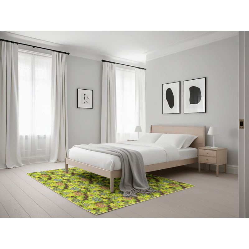Tapis vert/jaune tissé à la machine, Rectangle 5 pi x 7 pi