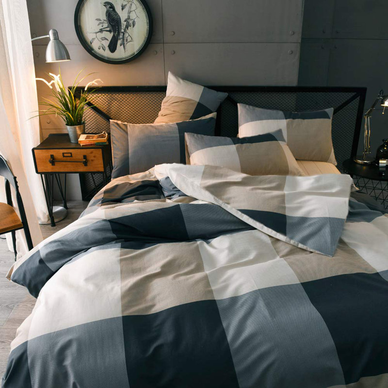 Modern Gray and Beige Cotton Plaid Queen Duvet Cover Set
