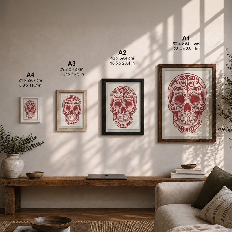 Ornamental Skull Art Deco - Framed Print, A2 - 59.4 x 42.0 cm, Oak