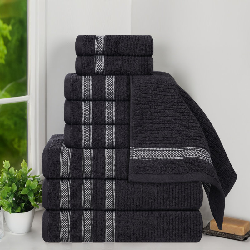 Orley Zero Twist Cotton Ribbed Modern Geometric Border Soft Highly-Absorbent Assorted 9 Piece Bathroom Towel Set, Black