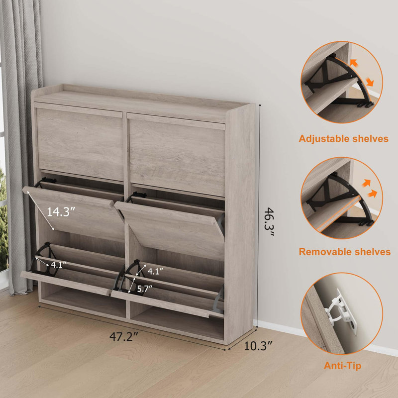 Meuble à chaussures gain d'espace avec 6 tiroirs rabattables, gris, Gris, 6