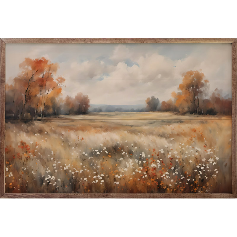 Champ d'automne avec arbres d'automne - impression d'un cadre photo sur bois, H 16 po x l 24 po