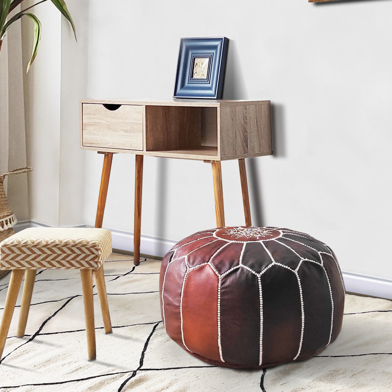 Leather Pouf, Tobacco Brown Genuine Leather