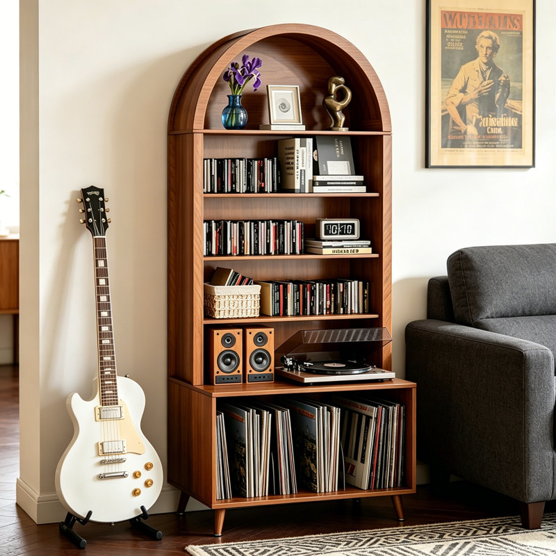 Large Record Player Stand with Vinyl Storage, 6 Tier Arched Turntable Table Holds 350 Albums with CD DVD Rack for Living Room