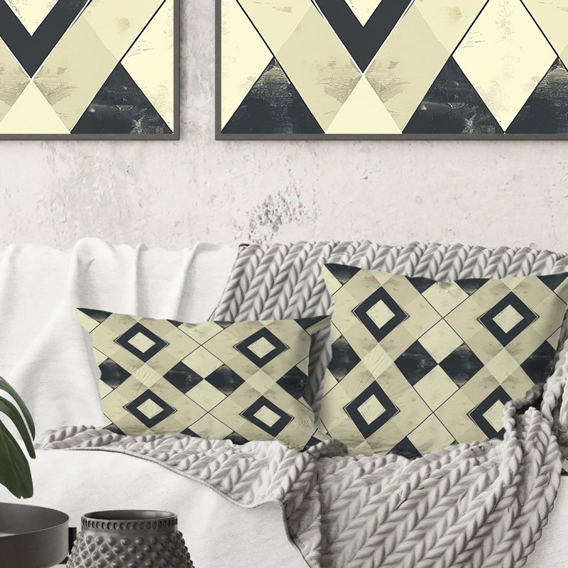 Ivory Black Diamond Pattern - Midcentury Throw Pillow, 18"H x 18"W