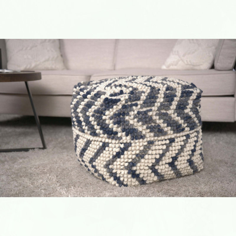Pouf en coton et laine au design naturel et bleu