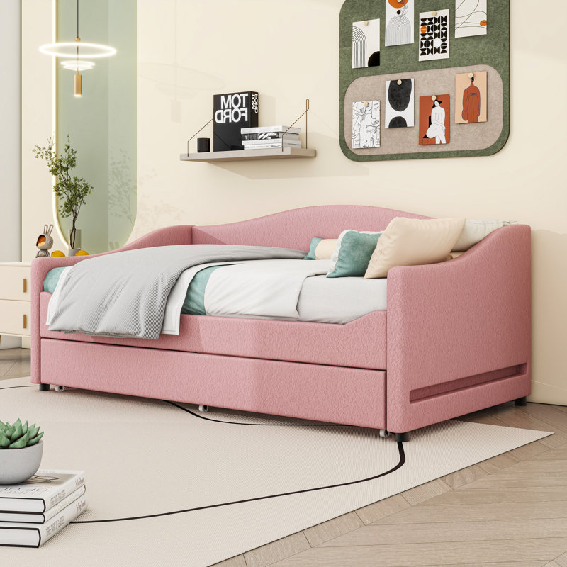 Upholstered Daybed with Twin size Trundle and LED, Twin, Pink