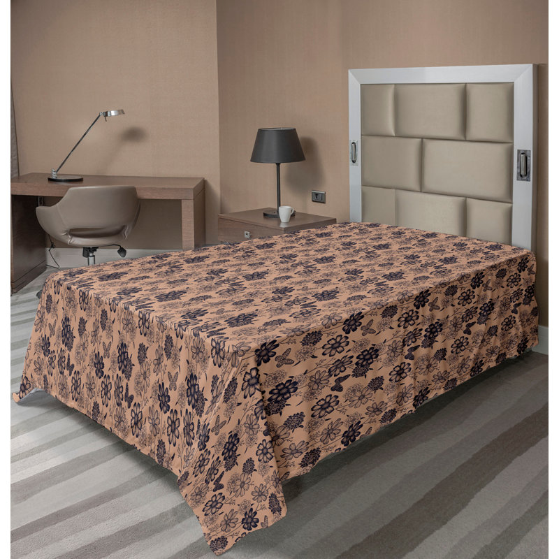 Drap plat moderne de style bohème Ambesonne, Drap plat pour lit simple TG, Taupe chaud foncé / motif floral amande