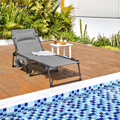 Adjustable Outdoor Folding Tanning Chair Extended Portable Beach Lounger with 5 Back Position by Yaheetech