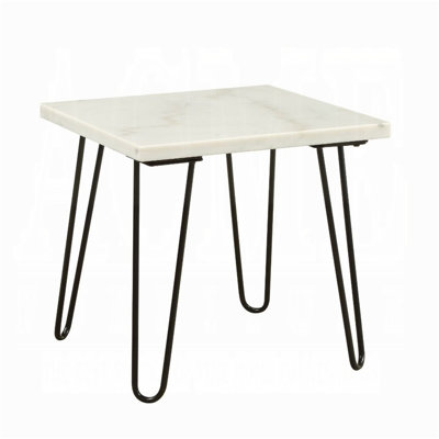 Modern Elegance White Marble End Table with Black Finish Legs, Perfect for Luxury Living Room Decor and Functionality.