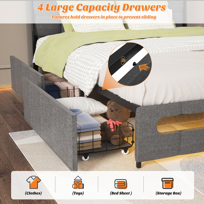 Upholstered Bed Frame With Drawers With Storage Headboard,Charging Station LED Light, Gray, Full