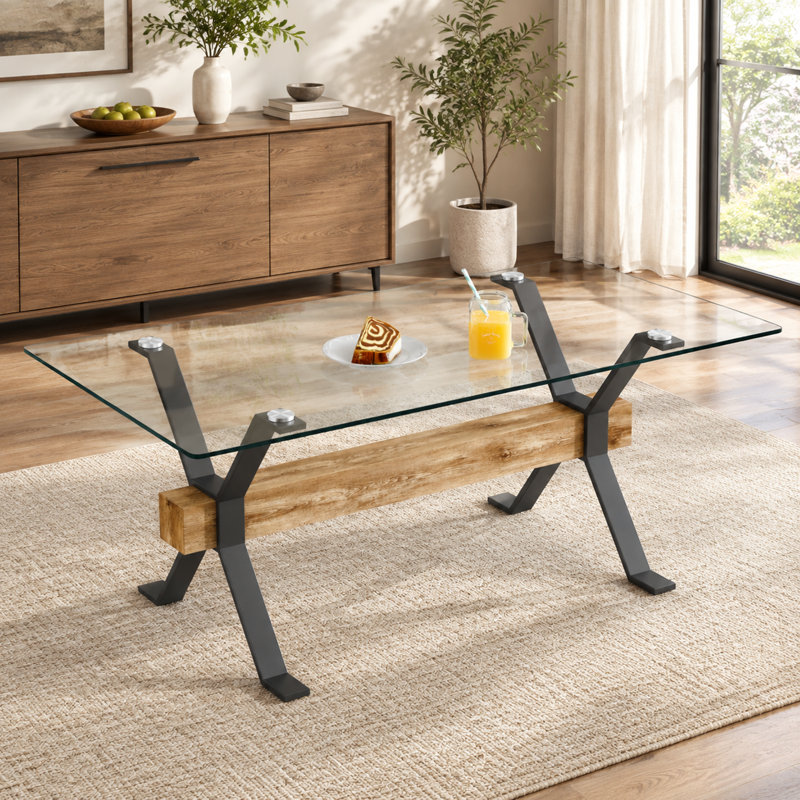 Table de salle à manger moderne en verre trempé avec pattes en métal