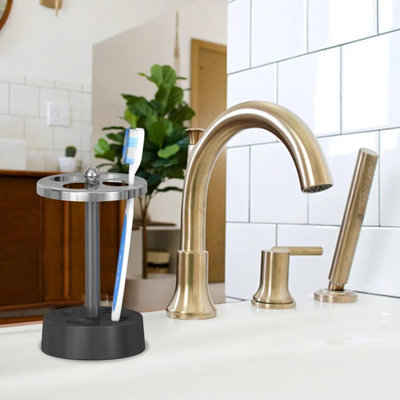 Triune 3-Tone Stainless Steel Toothbrush Holder Compact Multi-Slot Holder for Toothbrushes,Razors & Makeup Accessories Shiny,brushed & black nickel Finish