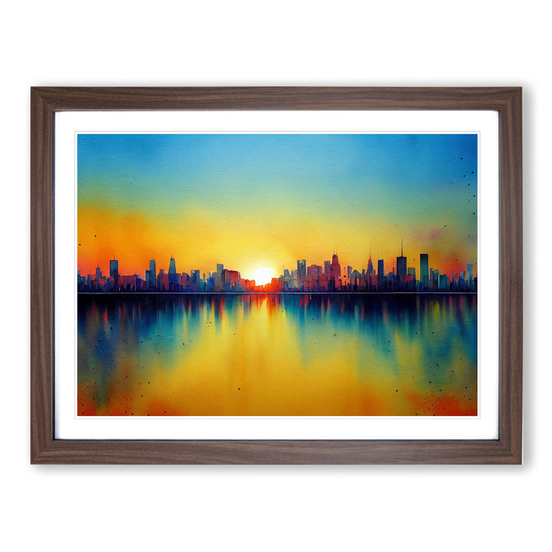 City Skyline Watercolour Abstract - Framed Print, 46cm H x 64cm W x 2cm D, Walnut Framed