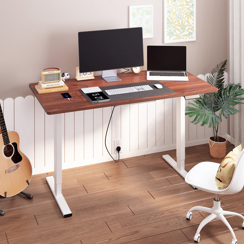 Adjustable Standing Desk, Whole-Piece Desktop, Mahogany/White, 55" W x 28" D