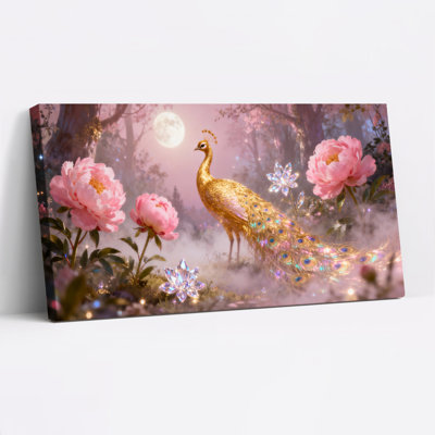 Peacock And Pink Peonies Fantasy Garden Canvas Wrapped Wall Art Oil Painting Print Set Of 1